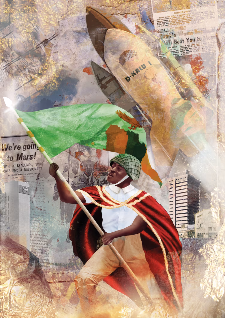 Edward Festus Mukuka Nkoloso—a freedom fighter, science teacher, and radical thinker—established the Zambia National Academy of Science, Space Research, and Philosophy (ZNASSRP). (Illustrations by Tsungai Kaunda for Nkwazi Magazine).