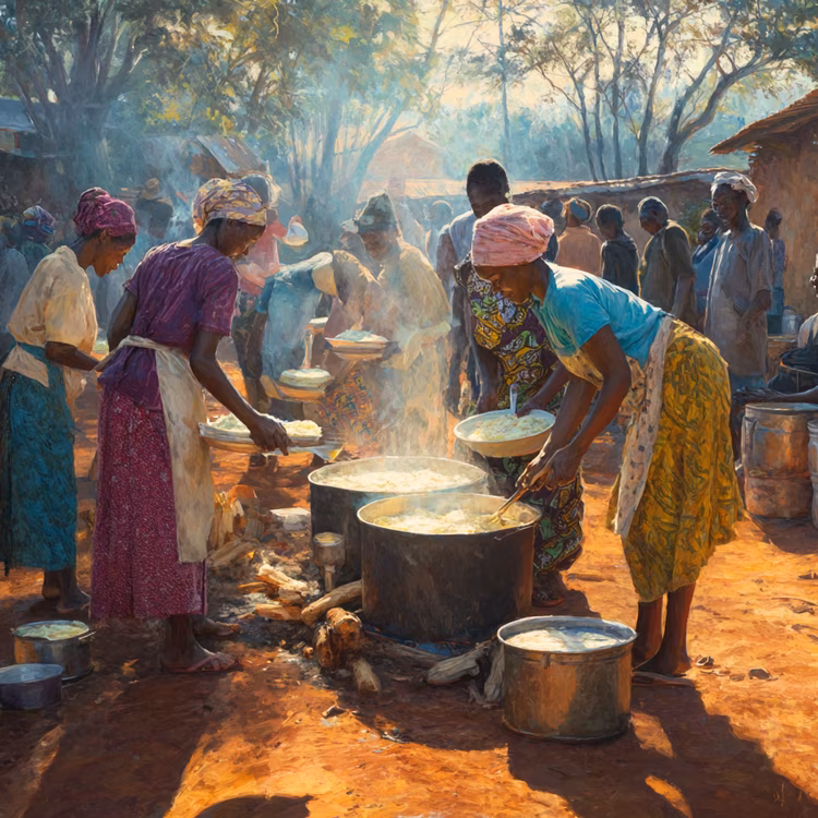 Customs meant to strengthen community ties, like shared meals, mutual support, and collective responsibility, can sometimes be reduced to mere rituals, stripped of their original purpose. (Image is artists impression).