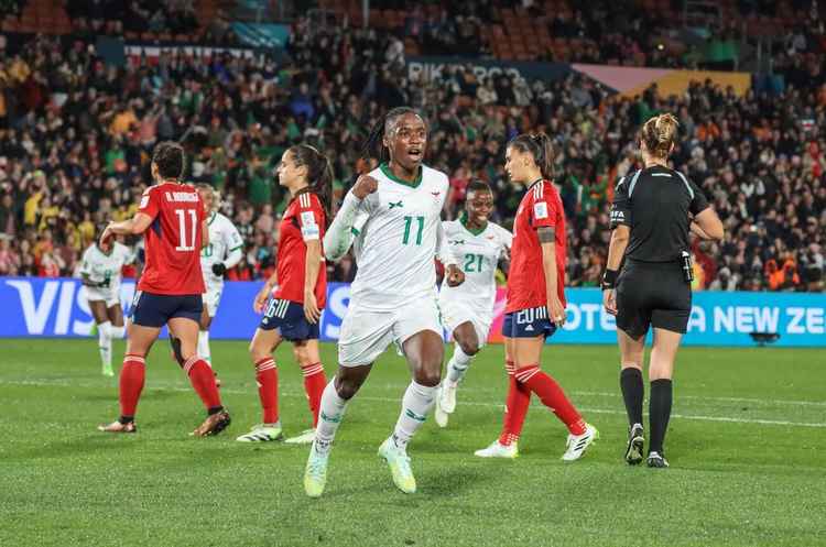 Barbra Banda celebrates after scoring her first goal at 2023 Women's World Cup (Image by Sports Press Photo)