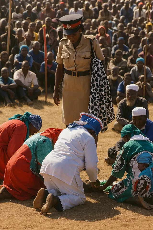 The chieftainess kneels as the ceremony begins. (Image is artists impression).