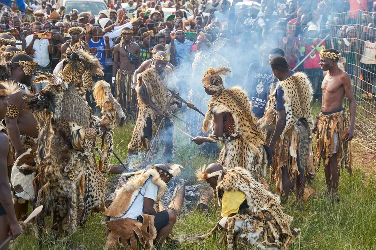 Ngoni warriors prepare the meat of the slaughtered black bull, to present to the King Mphezeni IV. (Image by Lint Studios for Nkwazi Magazine).