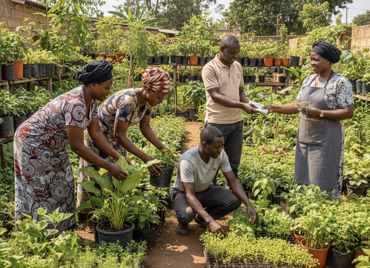 Start with fast-growing, high-demand plants: vegetables like tomatoes and lettuce, ornamental plants like bougainvillaea, fruit trees like mangoes and avocados. (Image is artists impression).