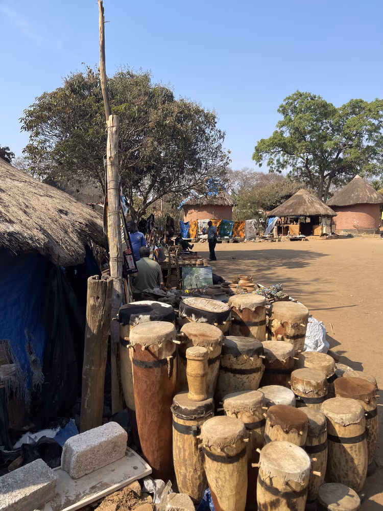 Traditional drums displayed at Kabwata Cultural Village African Craft Market. (Image courtesy of Kalichi pictures).