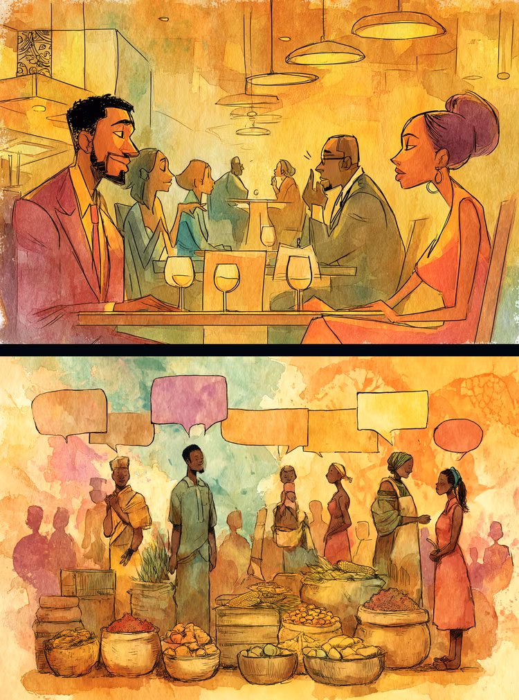 English has become both a bridge and a barrier in modern Zambian identity, creating invisible class divisions while enabling global connections. (Image is artists impression).