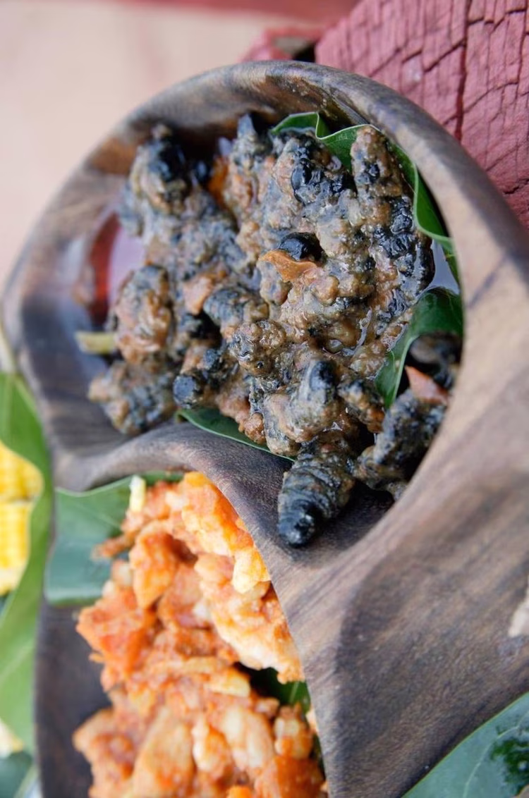Mopane worms cooked in light sauce.