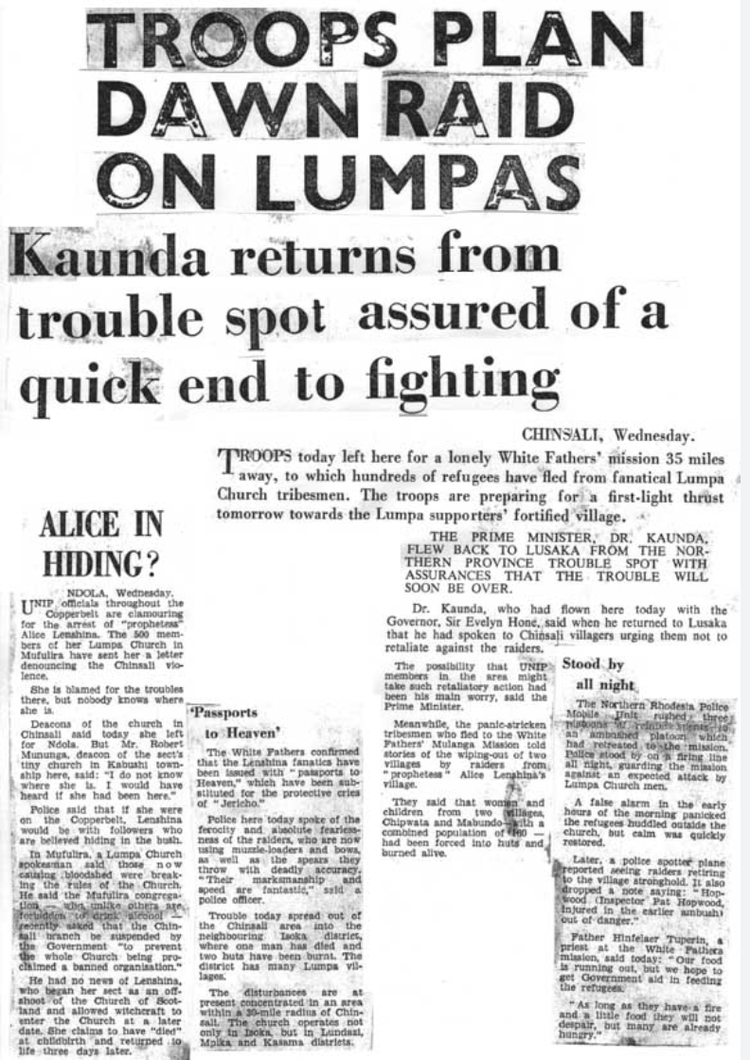 Newspaper article on the Lumpa Raids which targetted members of Alice Lenshina's (Image courtesy of NRZam) Lumpa Church