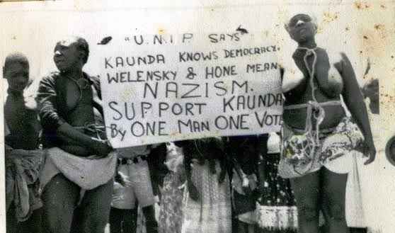 Julia 'Mama Chikamoneka' (left) in a protest with fellow female freedom fighters. (Image courtesy of ZANIS).