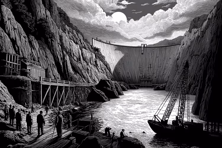 The Kariba Dam spans across the Zambezi River at Kariba Gorge, on the border between Zambia and Zimbabwe. Construction of the dam began in November 1956. (Image is artist's impression).